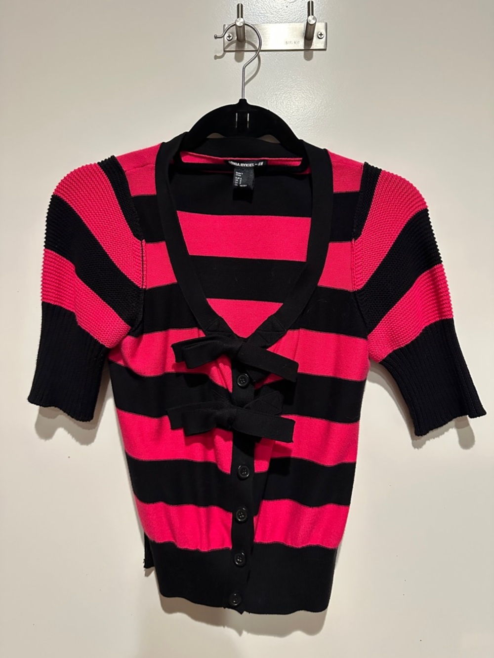 Sonia Rykiel Hot Pink & Black Striped Bow-Front Cardigan